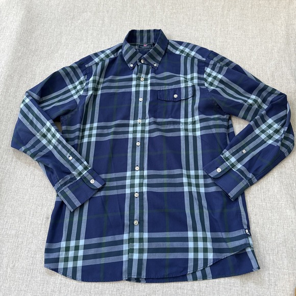 Vineyard Vines Shirt Men's Large Performance Slim Fit Crosby Blue Green Plaid - Picture 1 of 9